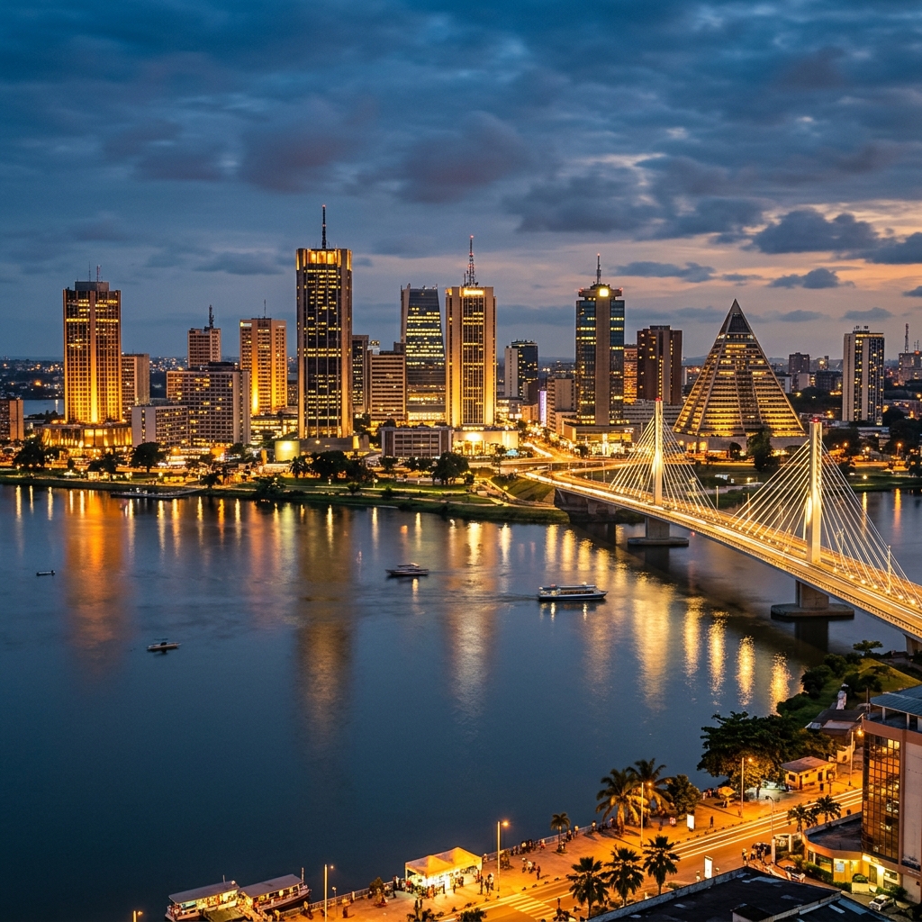 Skyline illuminée d'Abidjan Plateau au crépuscule