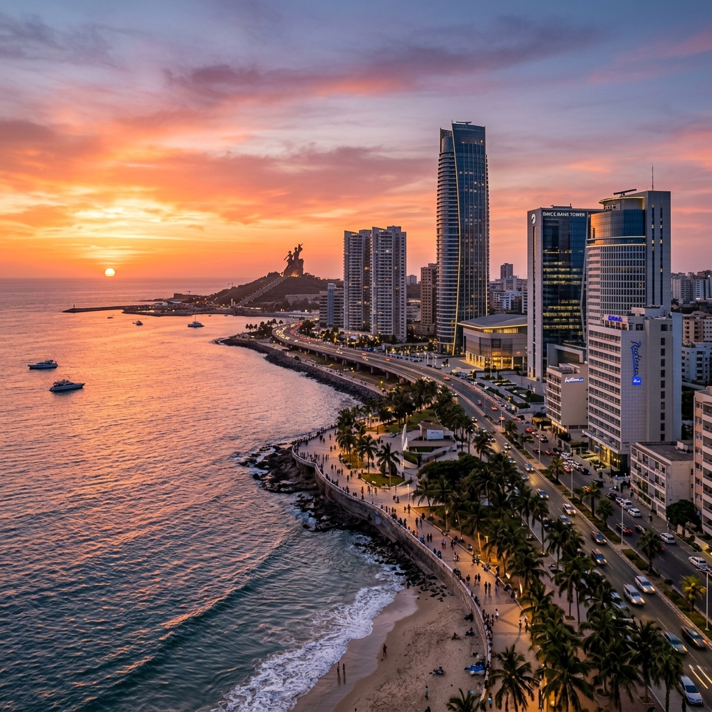 Skyline luxueuse au coucher de soleil de Dakar, Sénégal face à l'Atlantique