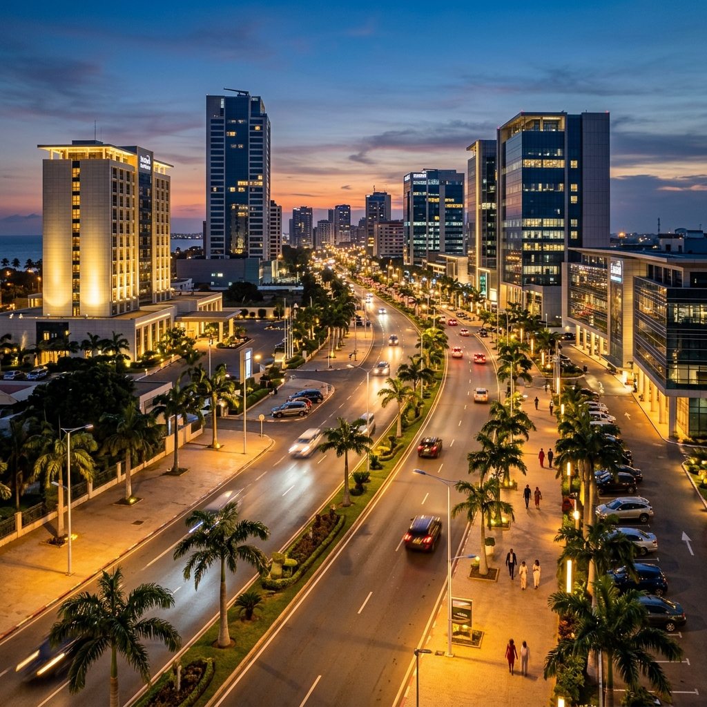 Boulevard de prestige illuminé à Lomé, Togo au crépuscule
