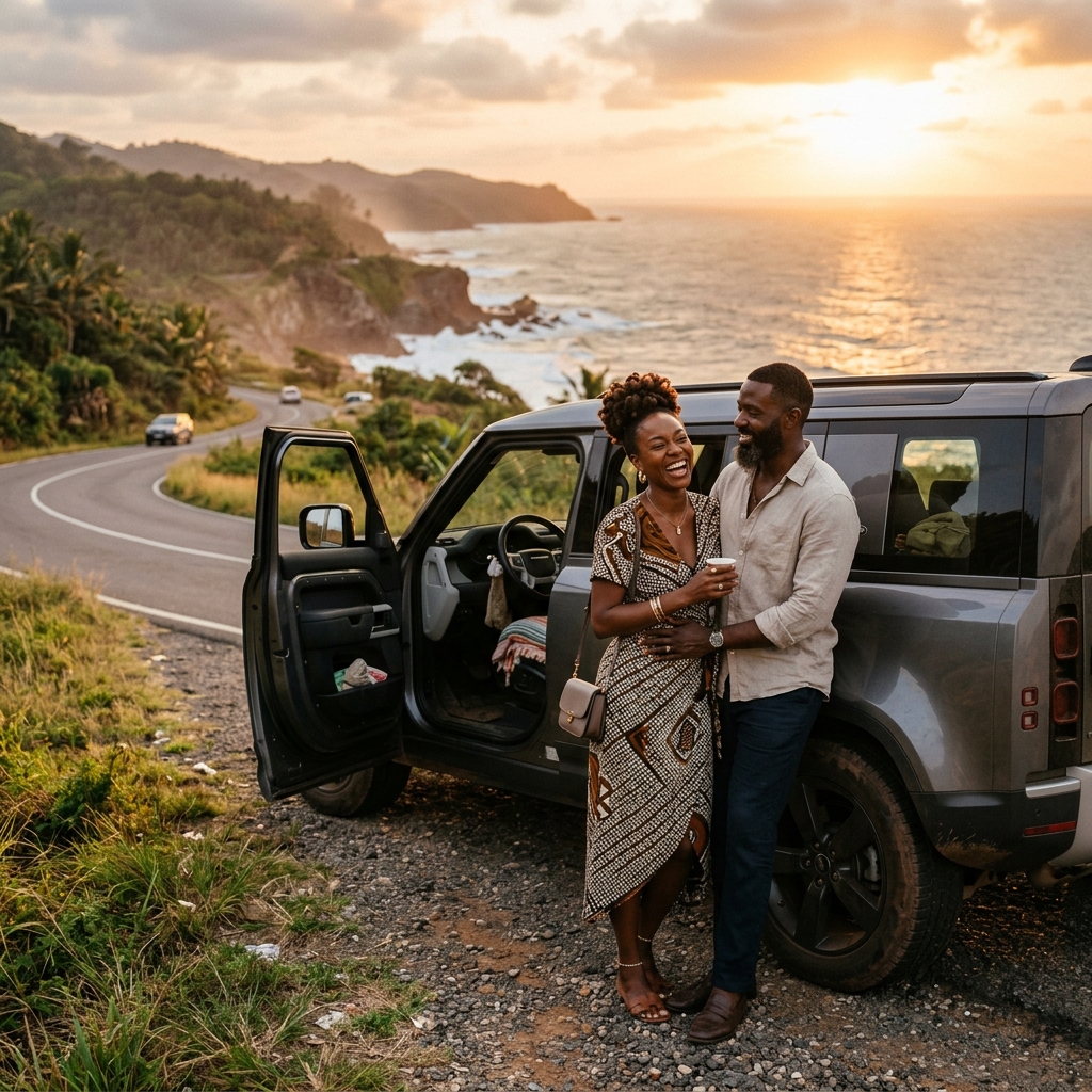 Couple africain élégant souriant près d'un SUV de luxe face à l'océan